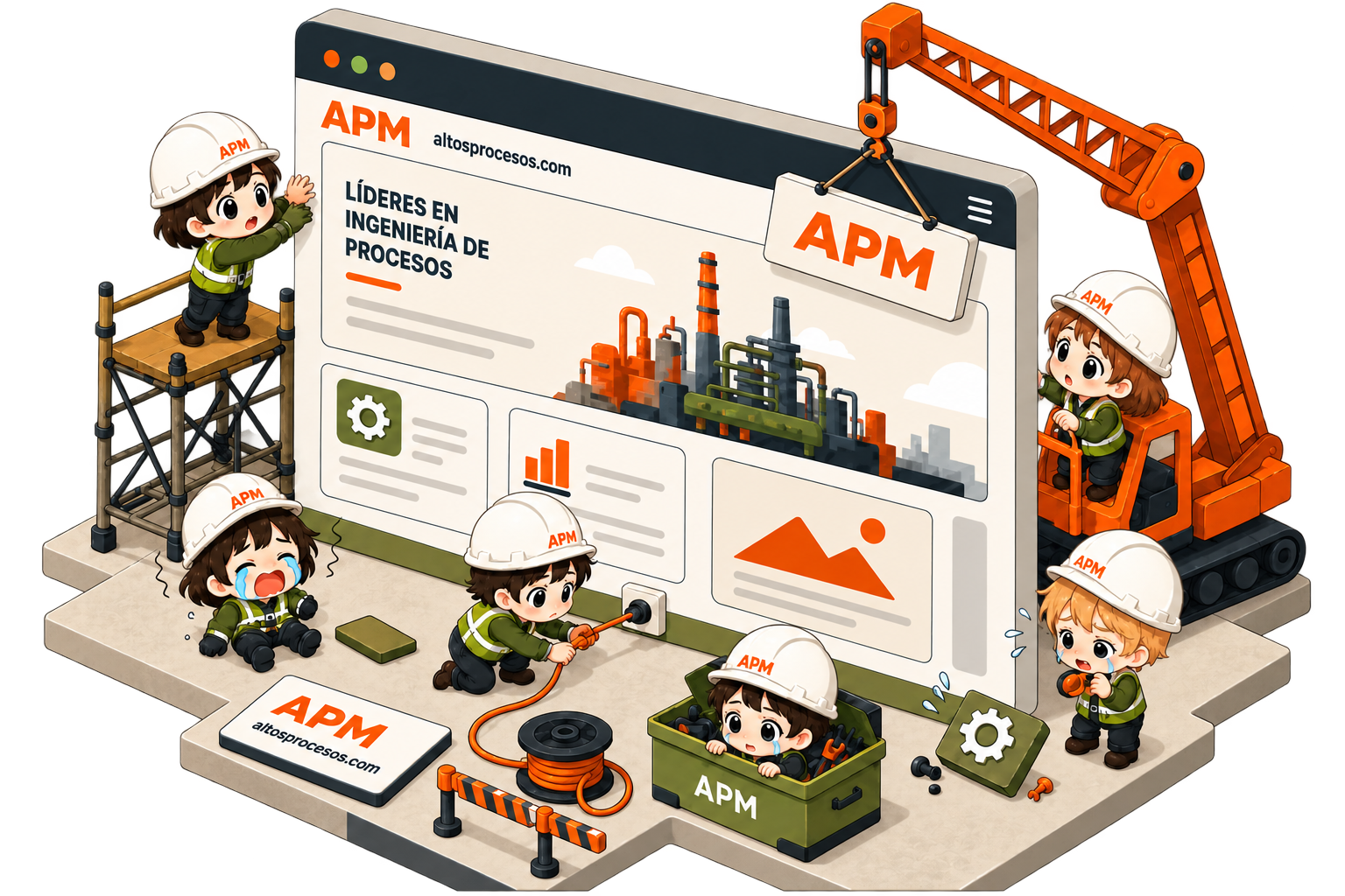Equipo APM en estilo chibi construyendo un sitio web alrededor de un diorama ilustrado